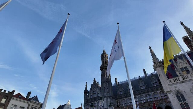 Flag post in front of Provinciaal Hof Bruges, Ukrainian Flag, Burges flag