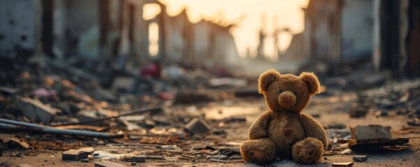 kids teddy bear toy over city burned destruction of an aftermath war conflict, earthquake or fire and smoke of world war against children peace innocence as copyspace, Generative AI - Powered by Adobe