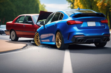 Car accident. A blue car crashed into a red one on the roadway