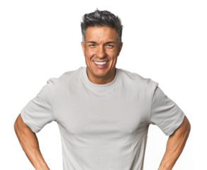 Middle-aged Latino man confident keeping hands on hips.