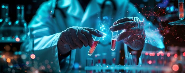 scientist holding medical testing tubes or vials of medical pharmaceutical research with blood cells and virus cure using DNA genome sequencing biotechnology as wide banner, Generative AI - obrazy, fototapety, plakaty