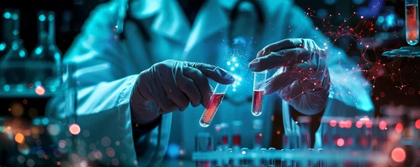 Fotobehang scientist holding medical testing tubes or vials of medical pharmaceutical research with blood cells and virus cure using DNA genome sequencing biotechnology as wide banner, Generative AI © Lens Legends