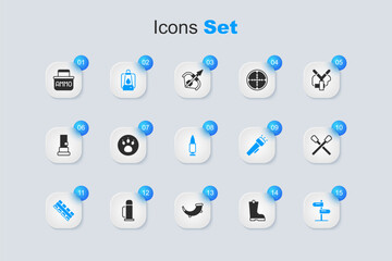 Set Waterproof rubber boot, Paw search, Camping lantern, Hunting cartridge belt, Road traffic sign, Burning match with fire, Ammunition box and Bullet icon. Vector