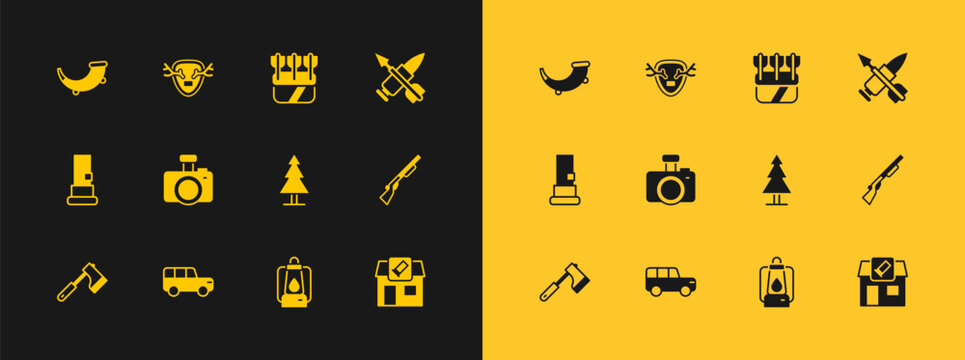 Set Crossed bullet with arrow, Safari car, Tree, Camping lantern, Photo camera, Quiver arrows, Hunting horn and Deer antlers on shield icon. Vector