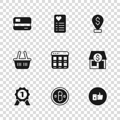 Set Cryptocurrency coin Bitcoin, Market store, Hand like, Online shopping on screen, Cash location, Credit card, Shopping list and basket icon. Vector