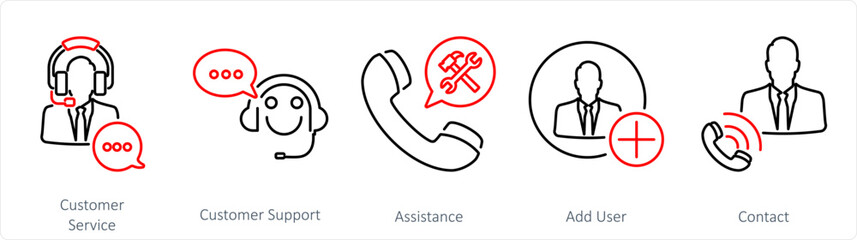 A set of 5 Contact icons as customer service, customer support, assistance