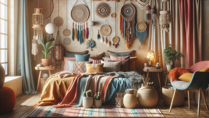 A boho-inspired bedroom with colorful textiles, hanging plants, and eclectic decor.