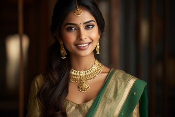 A young smiling woman wearing traditional Indian bridal costumes and jewellery.
