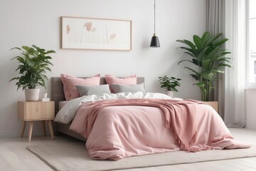 small table with a plant standing next to a bed with pink bedding in bedroom interior with white...