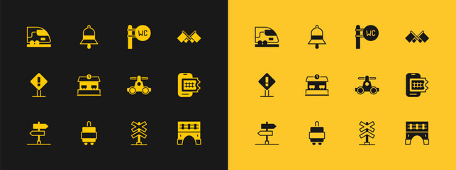 Set Flag, Suitcase, Handcar transportation, Railroad crossing, Railway station, Toilet, High-speed train and Train bell icon. Vector