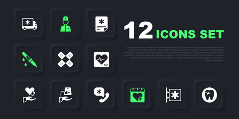 Set Emergency - Star of Life, Tooth with caries, Crossed bandage plaster, Doctor appointment, Pipette, Blood donation, Male doctor and call 911 icon. Vector