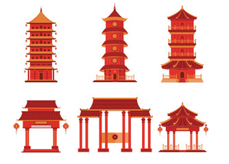 Set of Chinese buildings and temples in traditional style on isolated white background,Vector illustration. - 722931598
