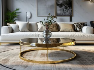 Golden Elegance: Modern Living Room Design with Chic Coffee Table