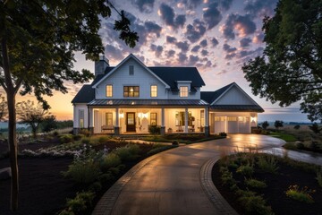 Luxury Modern Farmhouse at Twilight: Exquisite Porch, Landscaping, and Lit Driveway