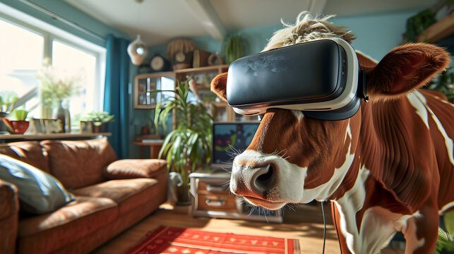Cinematic photograph of cow wearing a vr headset.