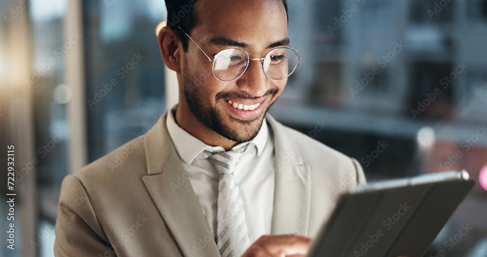 Leinwandbilder office tablet, face and happy man typing, scroll or check research data, planning or reading custome