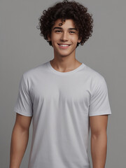 Street Style White T-Shirt Mockup Featuring Young Man Model in Grey Background Ideal Template for Print Design on Casual Apparel, Ai Generated.