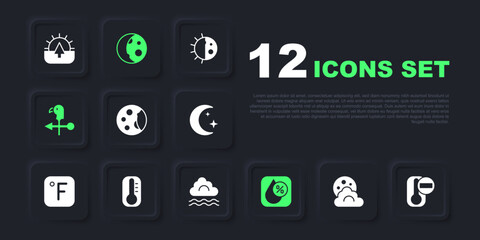 Set Cloud with moon, Thermometer, Moon phases, Water drop percentage, Rooster weather vane, and Fog and cloud icon. Vector