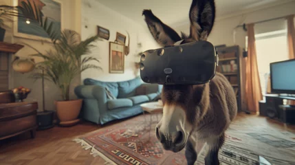 Fotobehang Cinematic photograph of donkey wearing a vr headset. © MadSwordfish