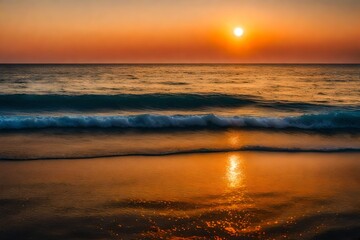 A panoramic view of the sea at sunset, the horizon ablaze with warm hues, the tranquil water reflecting the fading sunlight