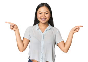 Young chinese woman isolated pointing to different copy spaces, choosing one of them, showing with finger.