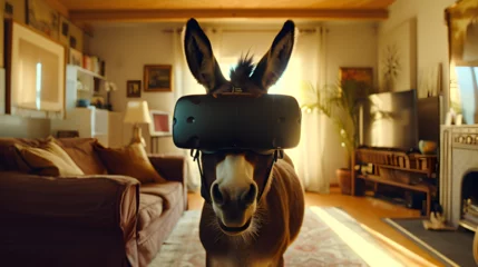 Tuinposter Cinematic photograph of donkey wearing a vr headset. © MadSwordfish