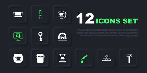 Set Gold bars, Hammer, Old key, Welding torch, Horseshoe, mask, Rasp metal file and Blacksmith anvil tool icon. Vector