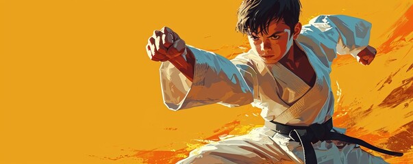 cartoon style young martial arts player boy in challenge pose for training and success at self defense sports like karate , kung fu and judo championships as wide banner with copy space, Generative AI