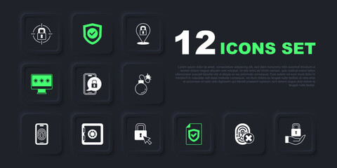 Set Cancelled fingerprint, Lock, Mobile with closed padlock, Contract shield, Monitor password, Safe, Shield check mark and icon. Vector