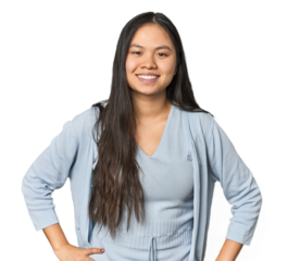 Young chinese woman isolated confident keeping hands on hips.