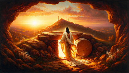 Oil painting illustration of resurrection of Jesus Christ seen from behind with empty tomb and sunbeam