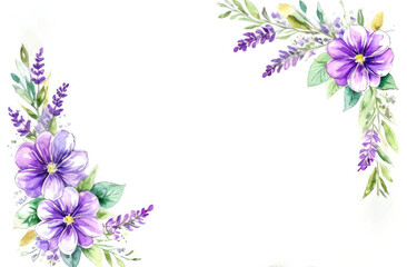 lavender blossom copy space frame isolated on white background, Botanical herbal watercolor illustration for wedding, greeting card, wallpaper, wrapping paper design, textile, scrapbooking