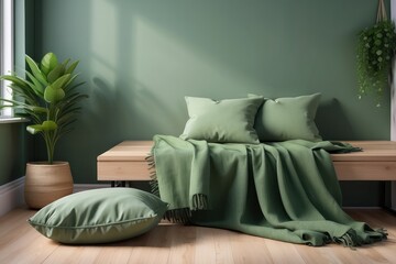 Blanket and pillow on wooden bench in green apartment interior with pouf