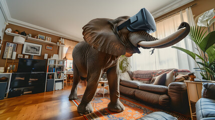 Cinematic photograph of elephant wearing a vr headset.