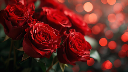 Close up of red roses bouquet on blurred sparkling backdrop. Love romantic concept. Valentine's day. Generative AI