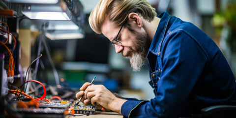 portrait of Electrical and Electronic Equipment Assembler, Assemble or modify electrical or electronic equipment, such as computers, test equipment telemetering systems, electric motors, and batteries - obrazy, fototapety, plakaty