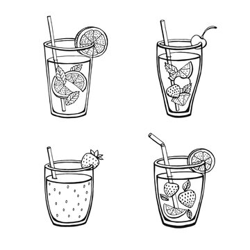 Set non-alcoholic summer drinks isolated on white background. Menu vector images in sketch style.