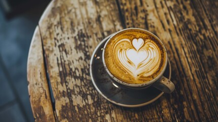 Heart-Shape Latte Art on Rustic Wood