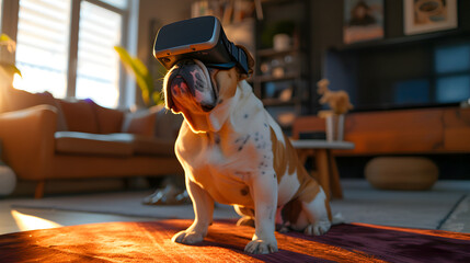 Cinematic photograph of english bulldog wearing a vr headset.