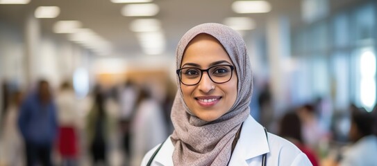Portrait of female muslim doctor standing, wearing hijab. - Powered by Adobe