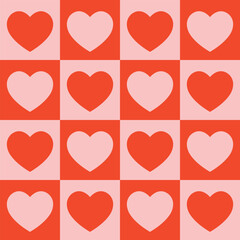 checkered heart seamless pattern, pink and red combo retro aesthetic vector background