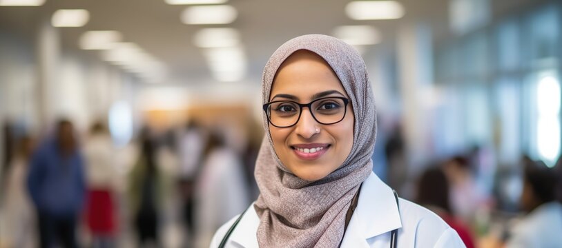 Portrait of female muslim doctor standing, wearing hijab.