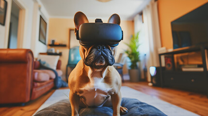 Cinematic photograph of french bulldog wearing a vr headset. - obrazy, fototapety, plakaty