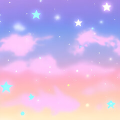 Illustration of pastel sky with stars and soft clouds.
