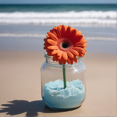 A Captivating Gerbera Jar Amidst Beach Serenity AI GENERATED
