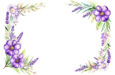 lavender blossom copy space frame isolated on white background, Botanical herbal watercolor illustration for wedding, greeting card, wallpaper, wrapping paper design, textile, scrapbooking