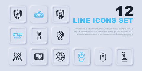 Set line Computer mouse, Gear shifter, Old hourglass, Power button, Web camera, Portable video game console, Game controller joystick and icon. Vector