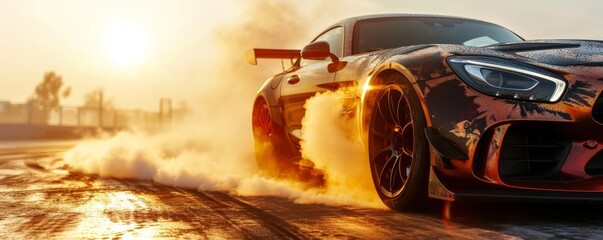 generic sports car performing burnout or drifting on racing track with smoke and heat as wide...