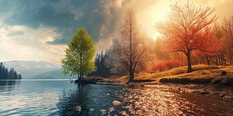 split comparison view of different summer vs winter seasons, aging or timeline of environmental climate change concepts as wide banner - Generative AI - obrazy, fototapety, plakaty