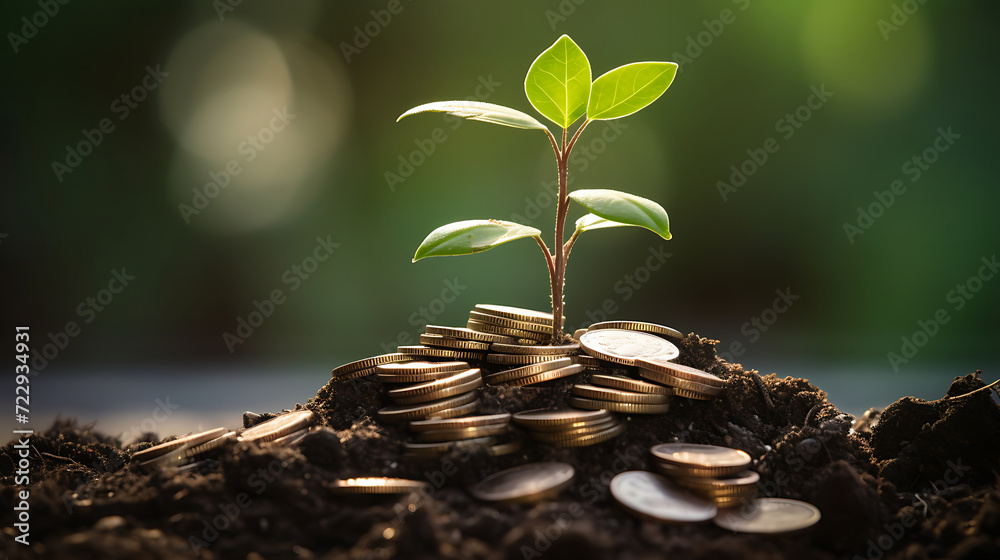 Wall mural a live plant sits on top of a pile of coins, representing the idea of saving. focus on the symbolic 